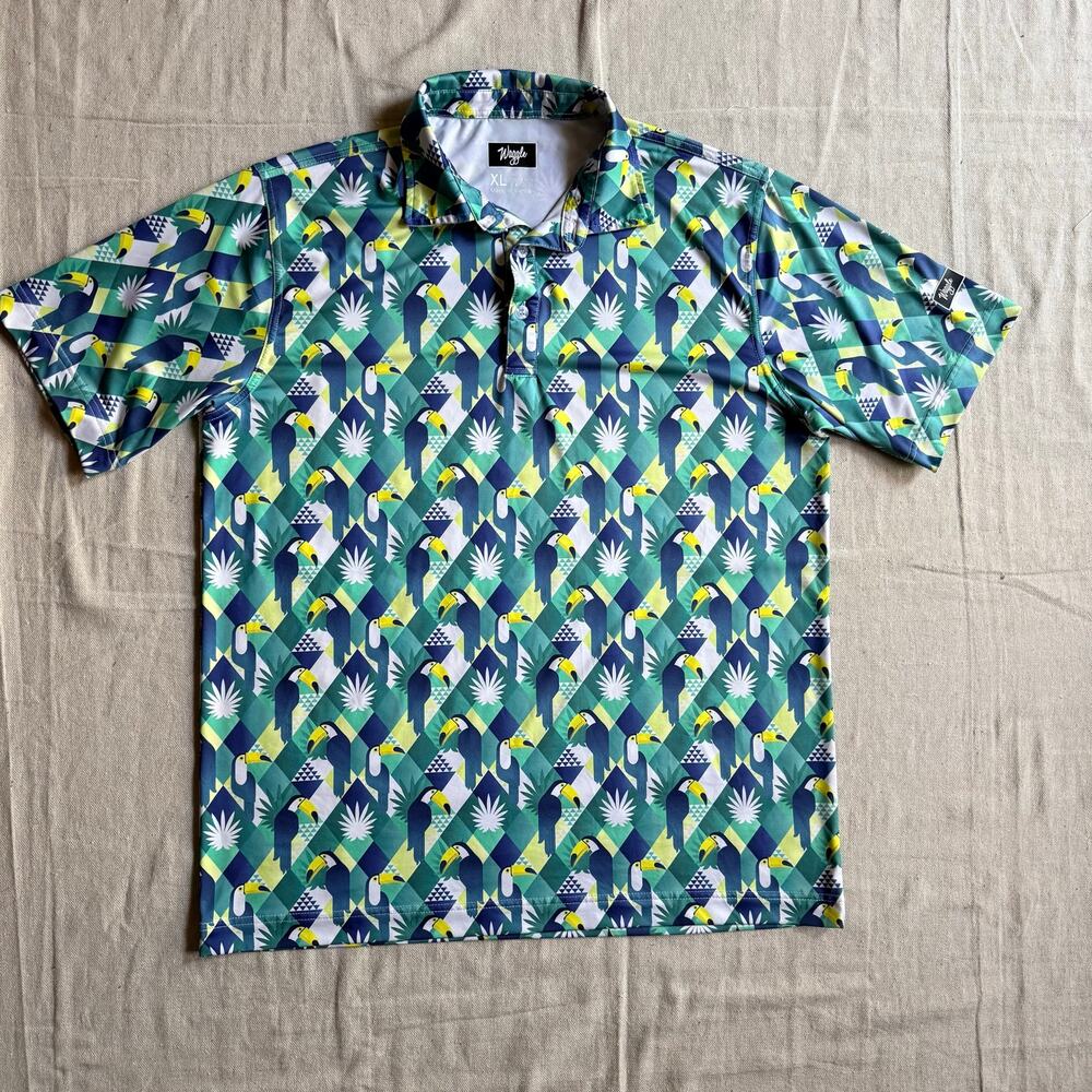 Waggle Shirt Men's XL Performance Polo Green Geometric Toucan Print Summer Golf - Picture 6 of 9